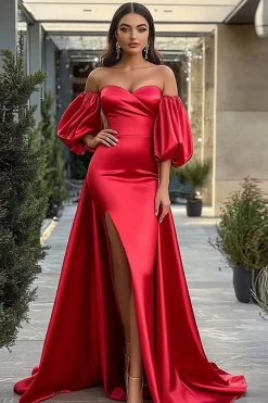 Red Satin A-Line Long Prom Dress com Fenda