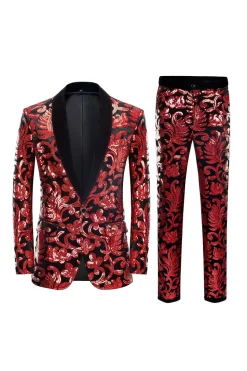 Red Sequins Padrão Floral Masculino 2 Peças Ternos