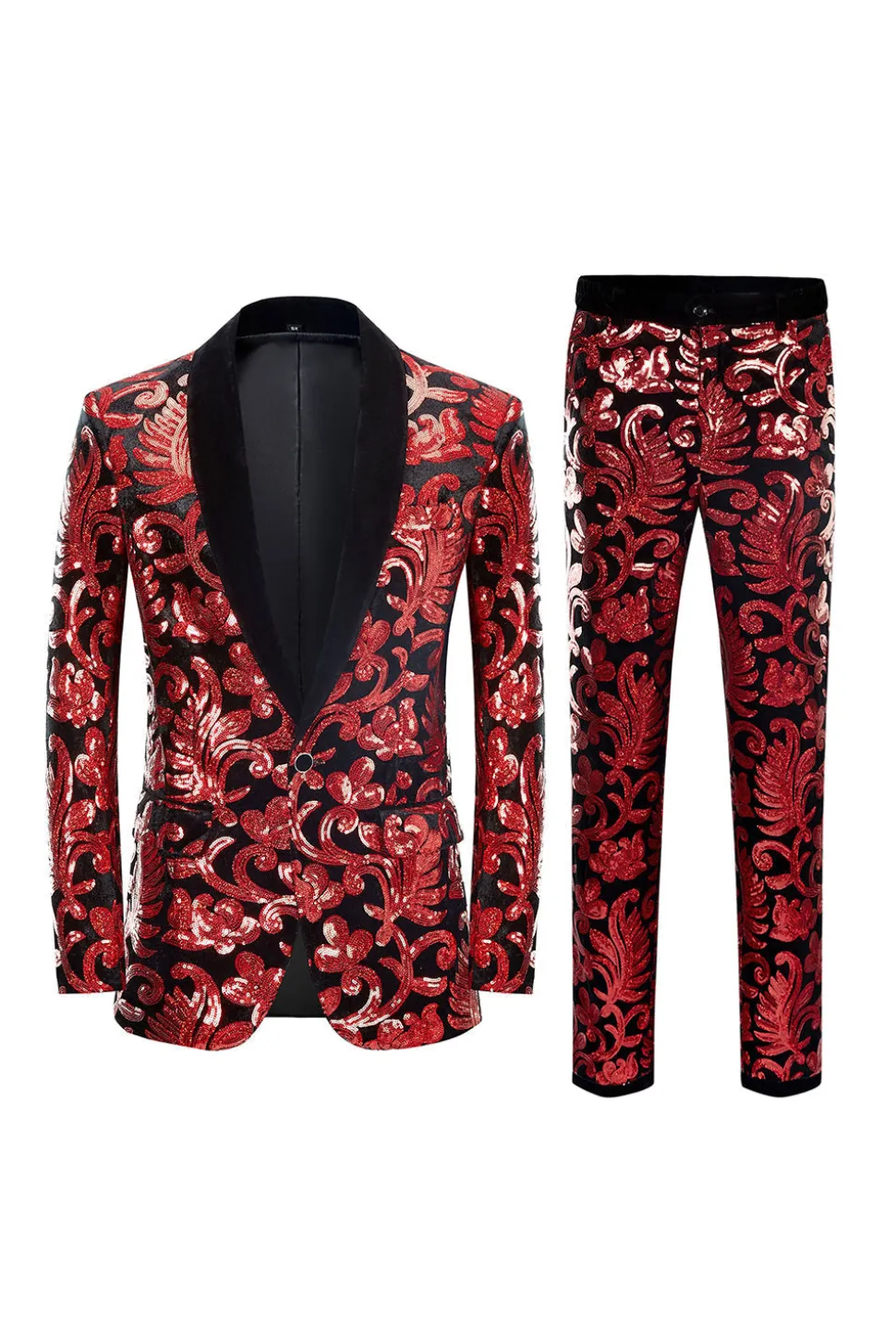 Red Sequins Padrão Floral Masculino 2 Peças Ternos