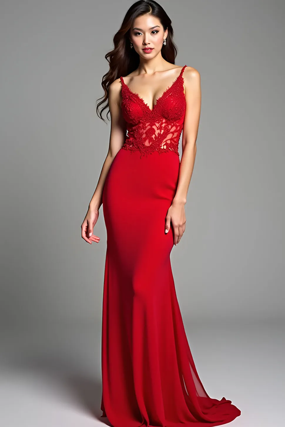Red Spaghetti Correias Sereia Appliqued Long Prom Dress