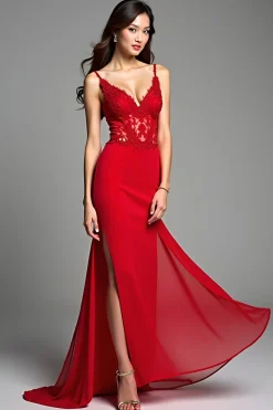 Red Spaghetti Correias Sereia Appliqued Long Prom Dress