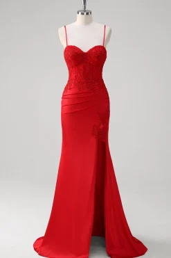 Red Spaghetti Correias Sereia Cetim Long Corset Prom Dress com Apliques