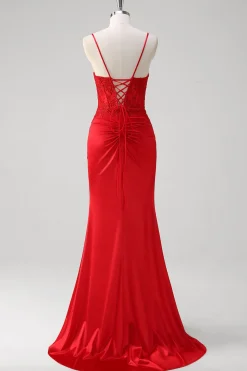 Red Spaghetti Correias Sereia Cetim Long Corset Prom Dress com Apliques