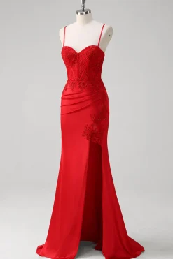 Red Spaghetti Correias Sereia Cetim Long Corset Prom Dress com Apliques