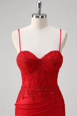 Red Spaghetti Correias Sereia Cetim Long Corset Prom Dress com Apliques