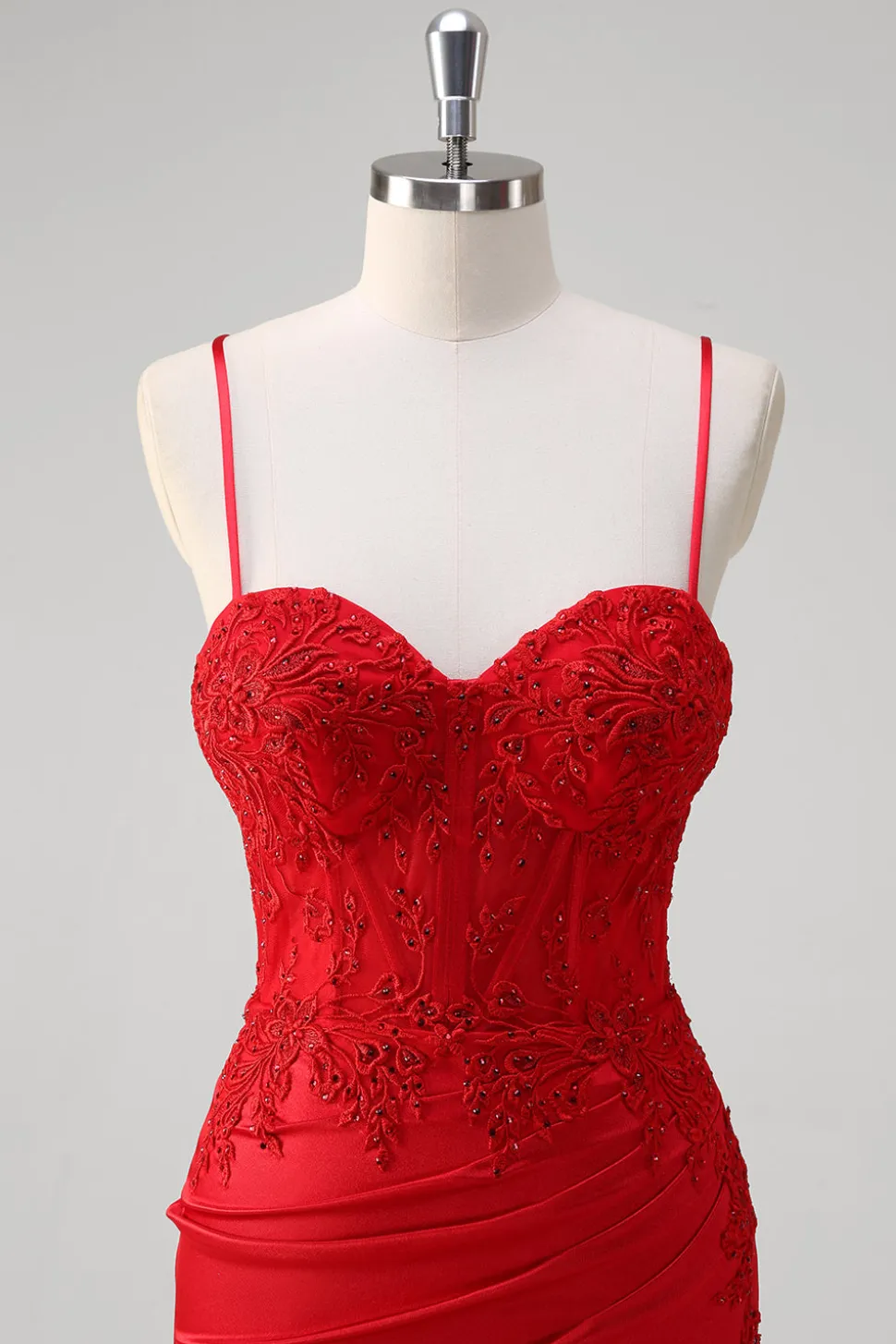 Red Spaghetti Correias Sereia Cetim Long Corset Prom Dress com Apliques