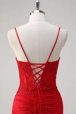 Red Spaghetti Correias Sereia Cetim Long Corset Prom Dress com Apliques