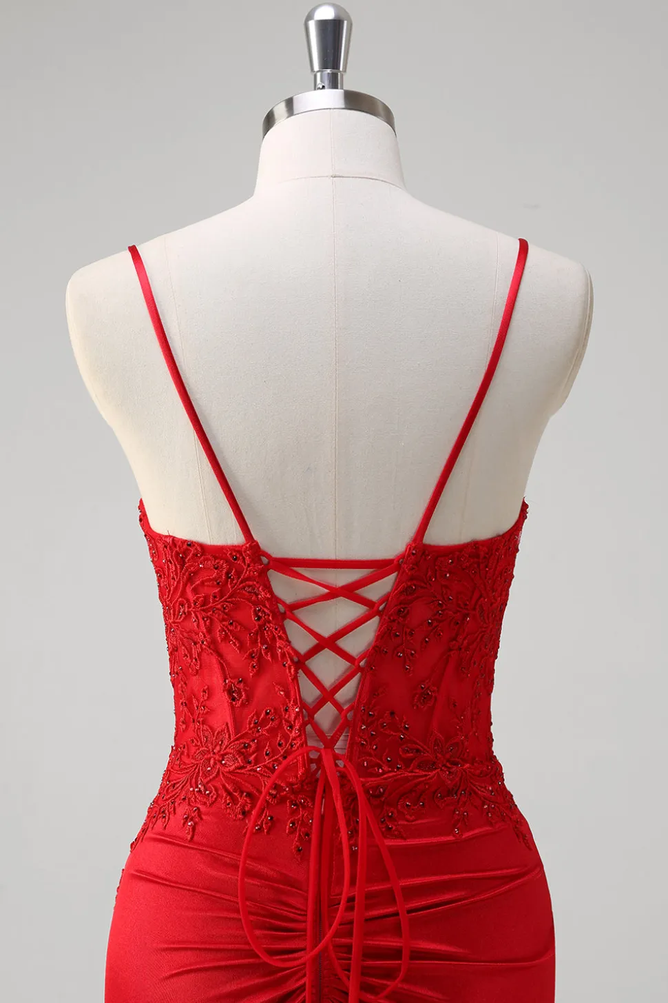 Red Spaghetti Correias Sereia Cetim Long Corset Prom Dress com Apliques