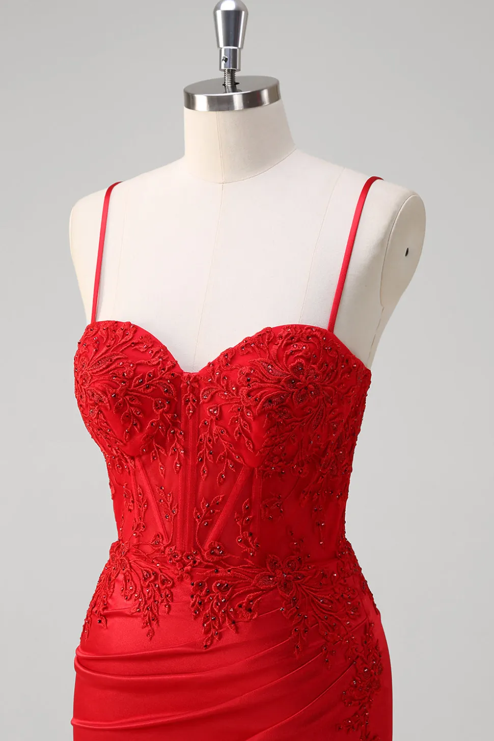 Red Spaghetti Correias Sereia Cetim Long Corset Prom Dress com Apliques