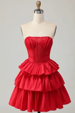 Red Strapless A-line Tiered Corset frisado curto Homecoming Dress com arco