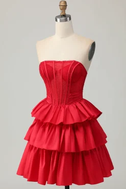 Red Strapless A-line Tiered Corset frisado curto Homecoming Dress com arco