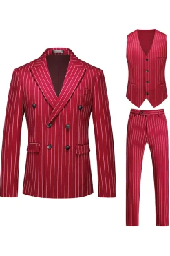Red Striped Pico Lapela 3-Piece Homens Ternos