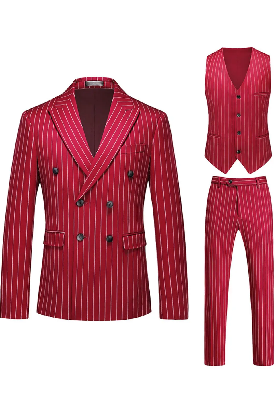 Red Striped Pico Lapela 3-Piece Homens Ternos