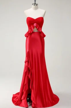Red Sweetheart Sereia Vestido Longo Baile de Formatura com Fenda