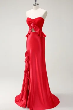 Red Sweetheart Sereia Vestido Longo Baile de Formatura com Fenda