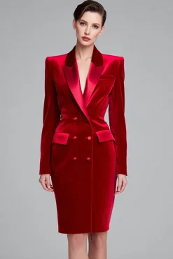 Red Velvet Bodycon Pico Lapela Midi Vestido de Trabalho