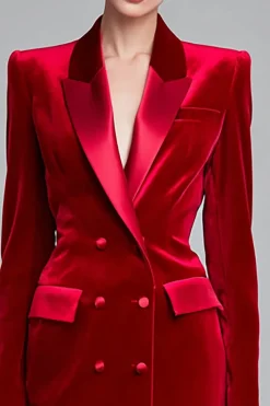 Red Velvet Bodycon Pico Lapela Midi Vestido de Trabalho