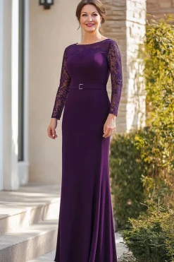 Renda 3/4 Mangas Roxo Bainha Comprimento Cinto Mãe do Vestido da Noiva com Fenda