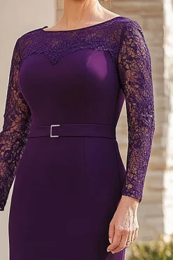 Renda 3/4 Mangas Roxo Bainha Comprimento Cinto Mãe do Vestido da Noiva com Fenda