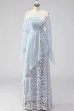 Renda Azul Claro Chiffon Mangas Longas Esparguete Correias Mãe do Vestido da Noiva