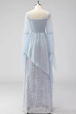 Renda Azul Claro Chiffon Mangas Longas Esparguete Correias Mãe do Vestido da Noiva