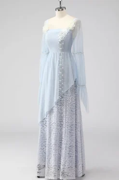 Renda Azul Claro Chiffon Mangas Longas Esparguete Correias Mãe do Vestido da Noiva