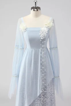 Renda Azul Claro Chiffon Mangas Longas Esparguete Correias Mãe do Vestido da Noiva