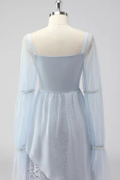 Renda Azul Claro Chiffon Mangas Longas Esparguete Correias Mãe do Vestido da Noiva