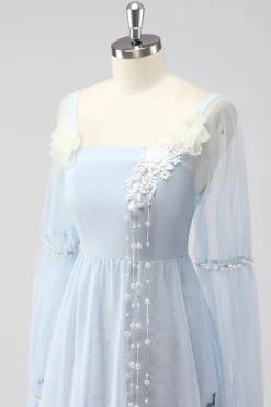 Renda Azul Claro Chiffon Mangas Longas Esparguete Correias Mãe do Vestido da Noiva
