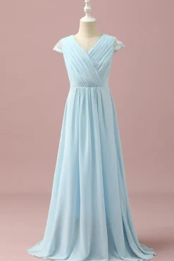 Renda Azul Claro Vestido Dama de Honra Júnior Gola em V