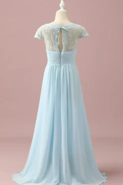Renda Azul Claro Vestido Dama de Honra Júnior Gola em V