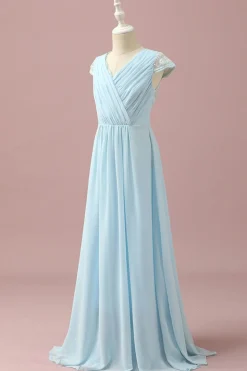 Renda Azul Claro Vestido Dama de Honra Júnior Gola em V