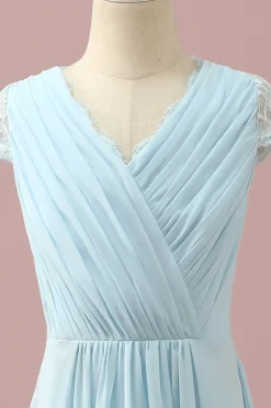 Renda Azul Claro Vestido Dama de Honra Júnior Gola em V