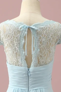 Renda Azul Claro Vestido Dama de Honra Júnior Gola em V