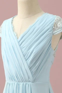 Renda Azul Claro Vestido Dama de Honra Júnior Gola em V