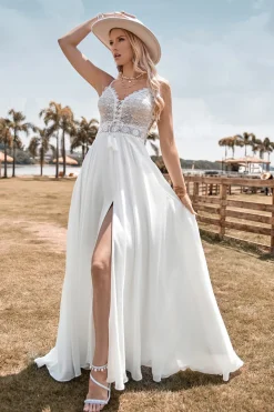 Renda Backless Esparguete Correias Boho Vestido de Noiva com Fenda