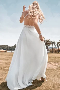 Renda Backless Esparguete Correias Boho Vestido de Noiva com Fenda