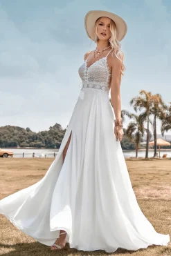 Renda Backless Esparguete Correias Boho Vestido de Noiva com Fenda