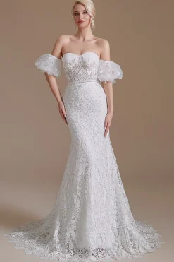 Renda branca renda destacável mangas puff varrer vestido de noiva de trem
