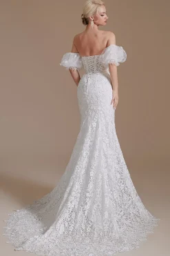 Renda branca renda destacável mangas puff varrer vestido de noiva de trem