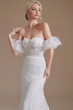 Renda branca renda destacável mangas puff varrer vestido de noiva de trem