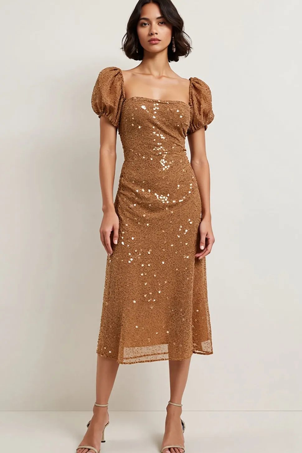 Renda Brilhante Bainha Midi Vestido De Festa com Mangas