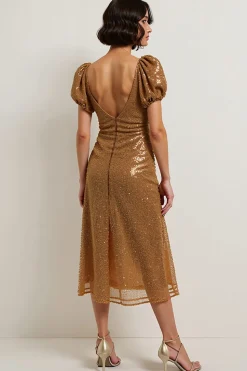Renda Brilhante Bainha Midi Vestido De Festa com Mangas