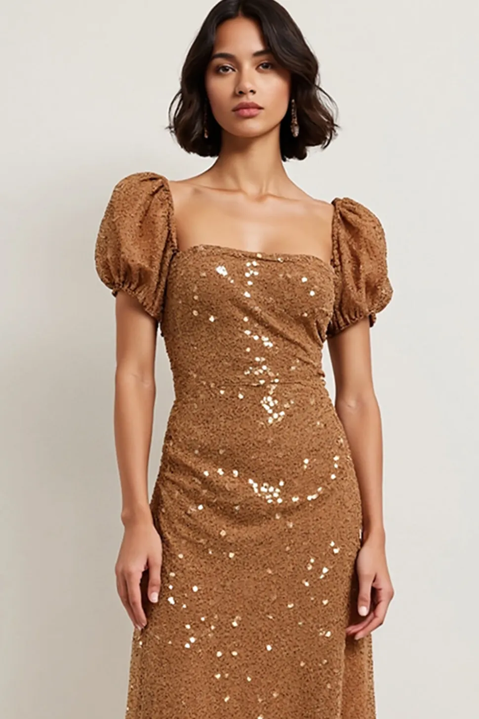 Renda Brilhante Bainha Midi Vestido De Festa com Mangas