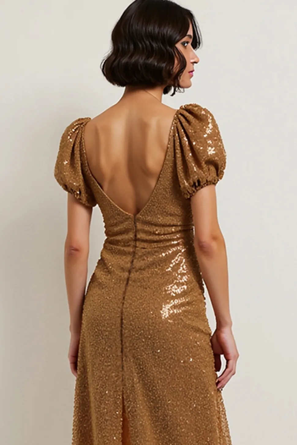 Renda Brilhante Bainha Midi Vestido De Festa com Mangas