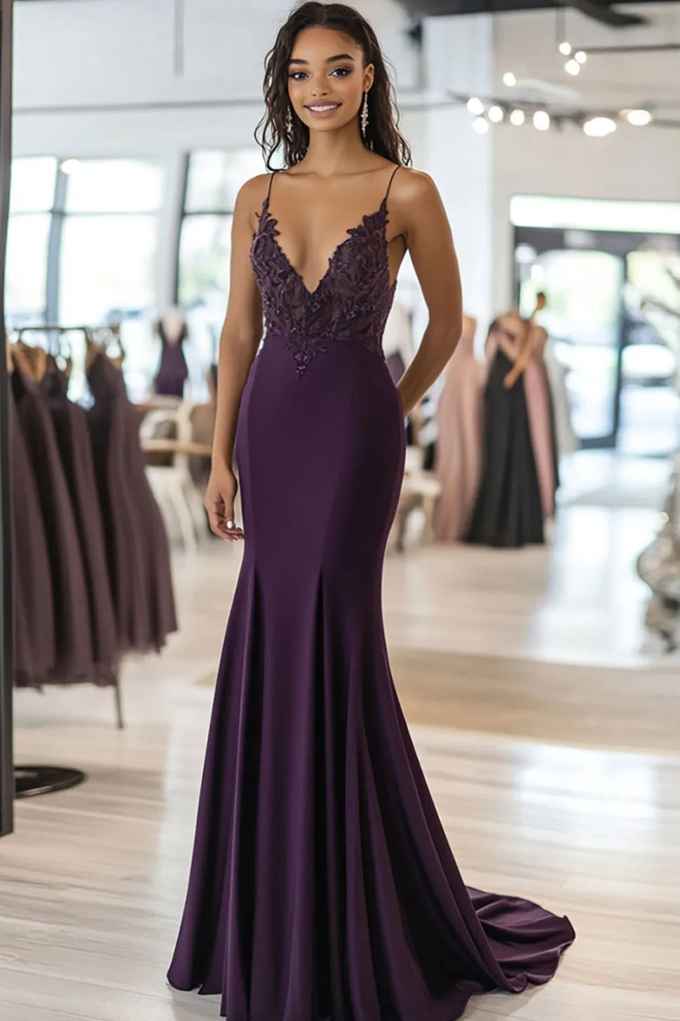 Renda Cetim Dark Purple Bainha Deep V Neck Prom Dress