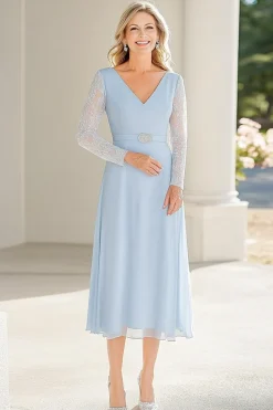 Renda Chiffon Sky Blue Uma Linha V Pescoço Chá Comprimento Mãe do Vestido da Noiva com Belted