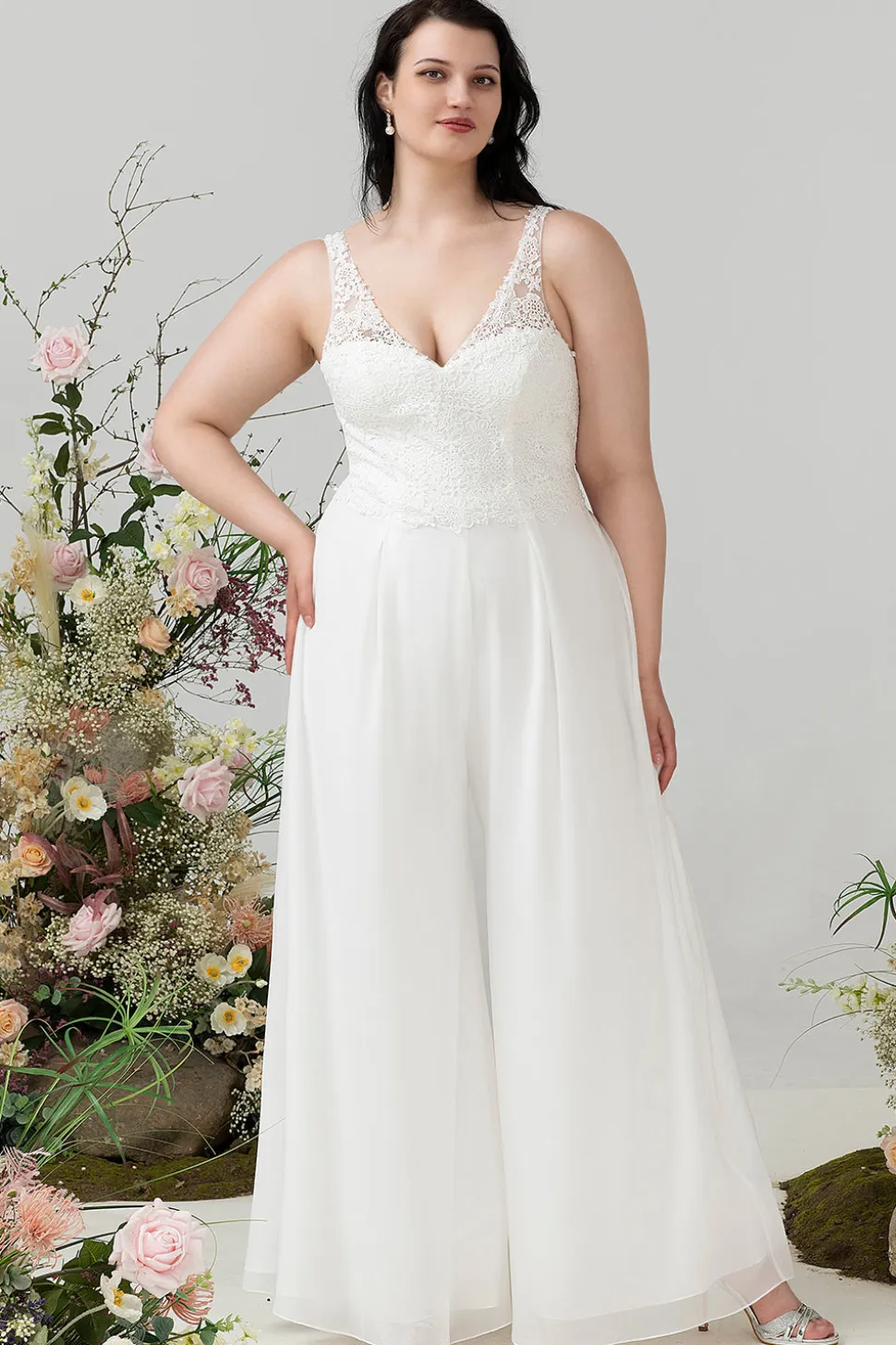 Renda de marfim & macacão Chiffon para casamento