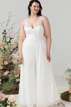 Renda de marfim & macacão Chiffon para casamento