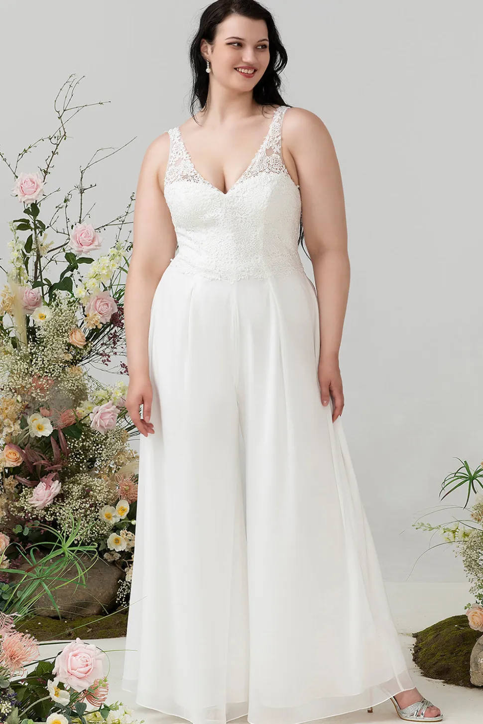 Renda de marfim & macacão Chiffon para casamento